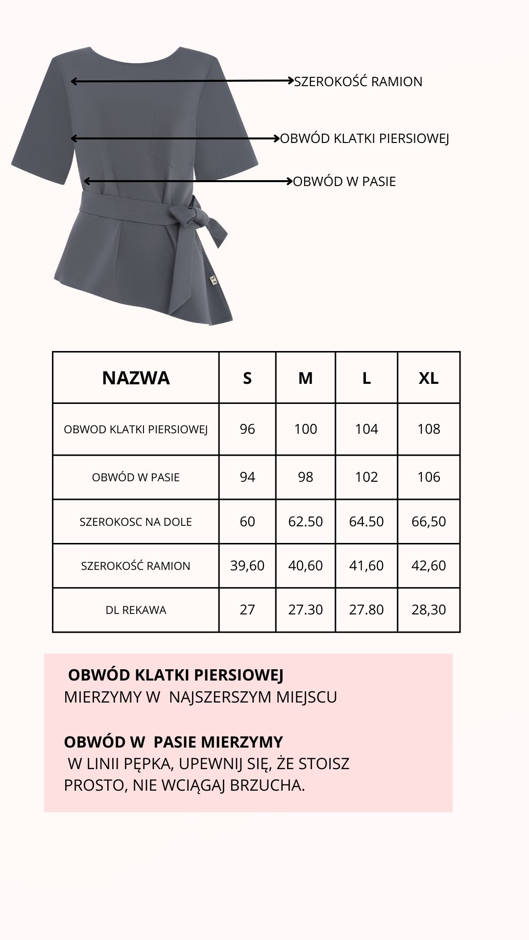 Tabela rozmiarów bluzki medycznej damskiej EMANUEL SET by Karina Barszczewska z dokładnymi wymiarami S do XL